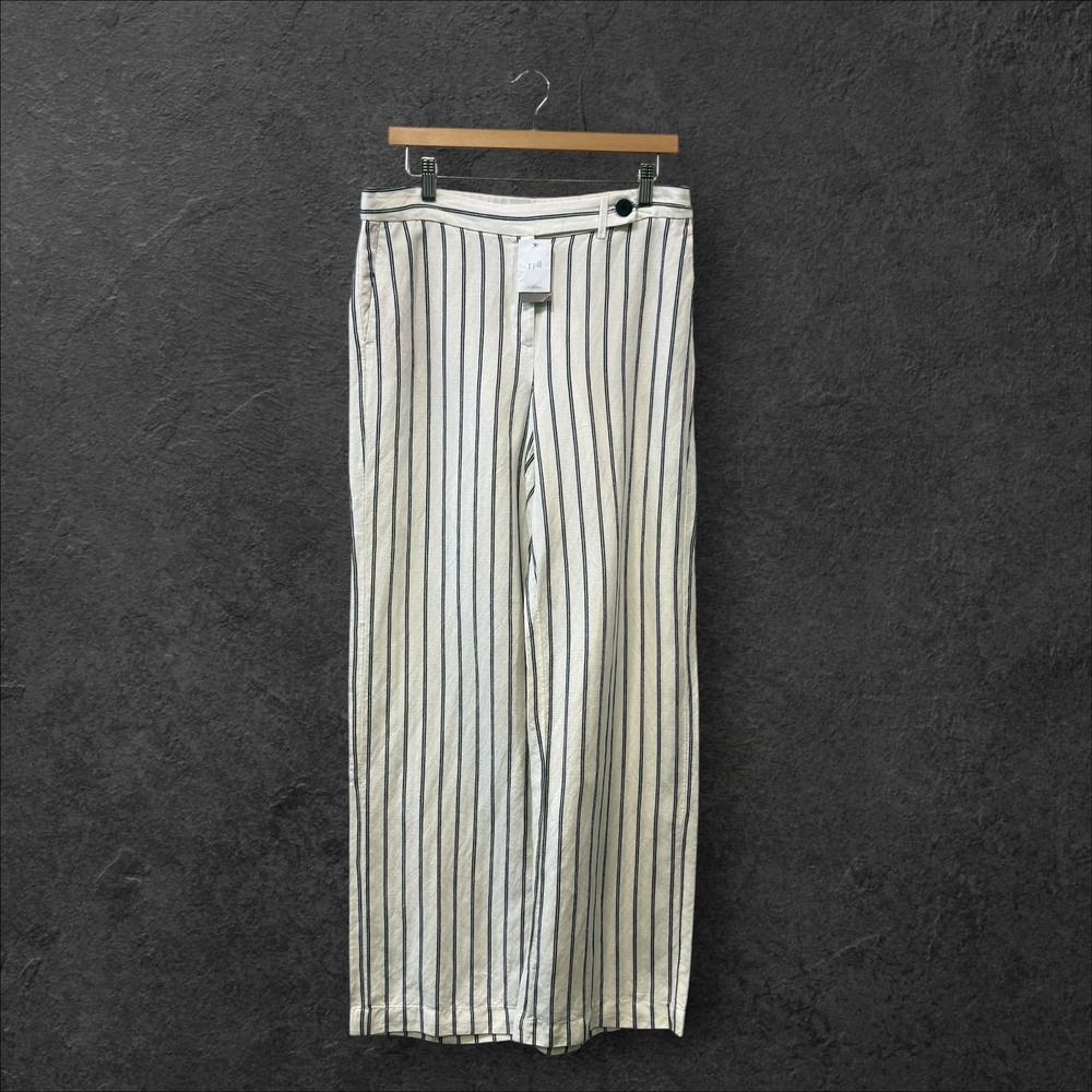 J.Jill Women Cream Navy Blue Striped Linen Blend Wide Leg Pants 8 NEW